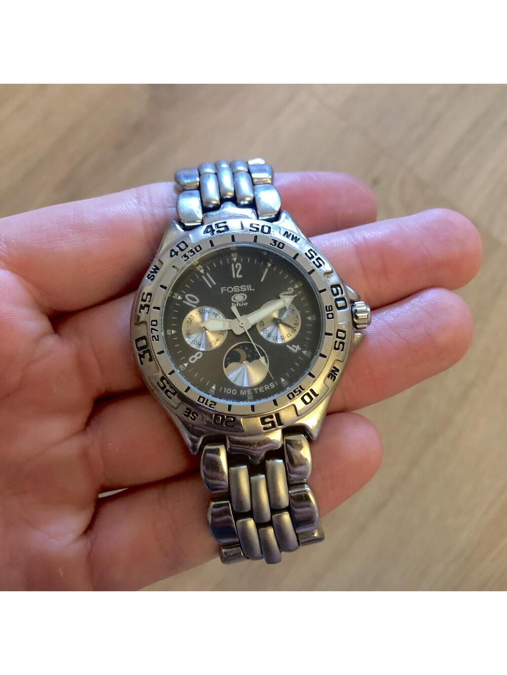 FOSSIL BLUE MOON PHASE WATCH BLACK SILVER 100M BQ-8777
